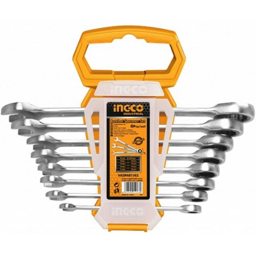 682012 HKSPAR1082 SET DE 8 LLAVE MIXTA CON RATCHET INGCO 8MM - 19 MM ACERO CR-V