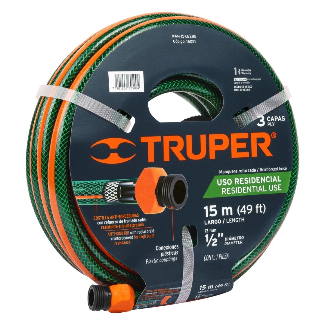 16051 MANGUERA TRUPER REFORZADA 1/2' REFORZADA 3 CAPAS 15 MTS