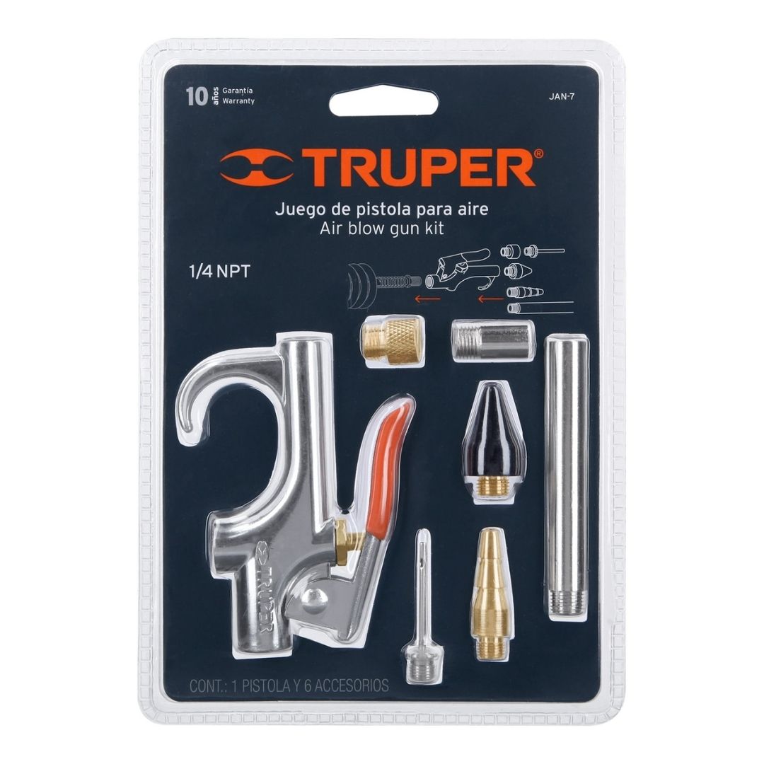 19078 JUEGO DE PISTOLA SOPLETEADORA TRUPER + 2 BOQUILLAS Y 4 ACCESORIOS