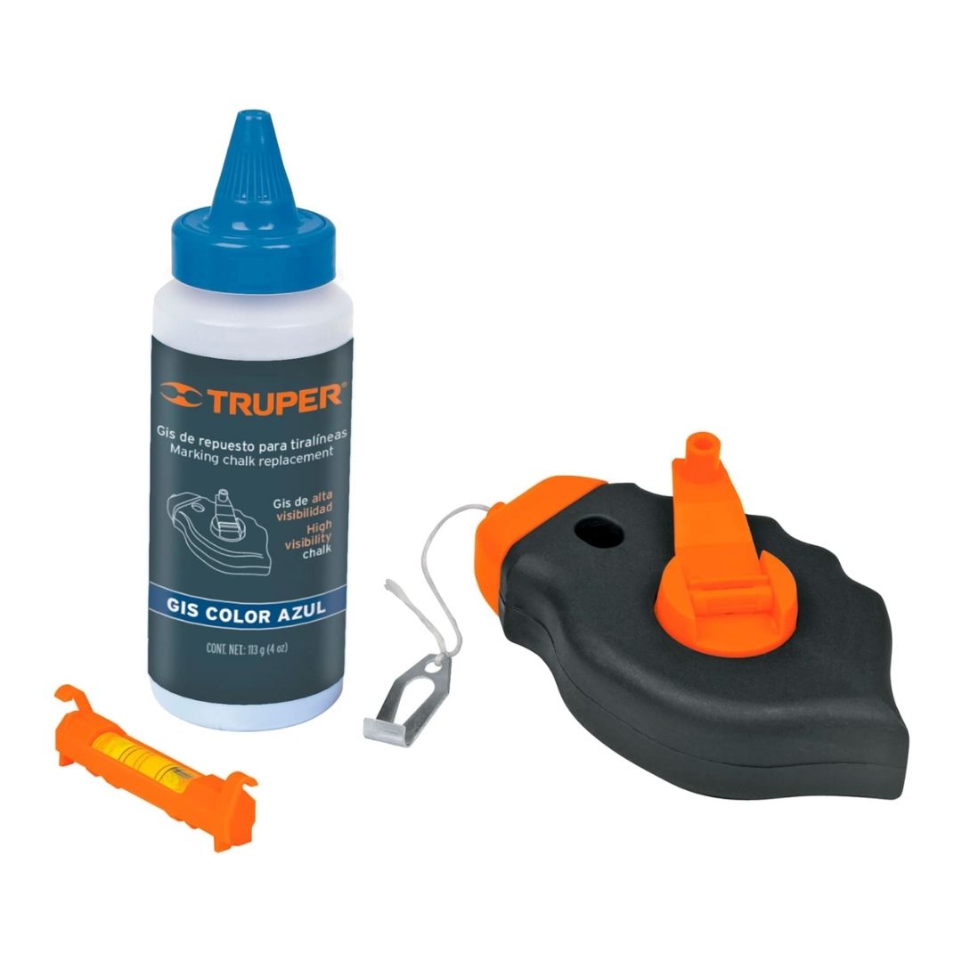 18574 TIRALINEAS PLASTICO TRUPER 30 MTS CON GIS AZUL Y NIVEL