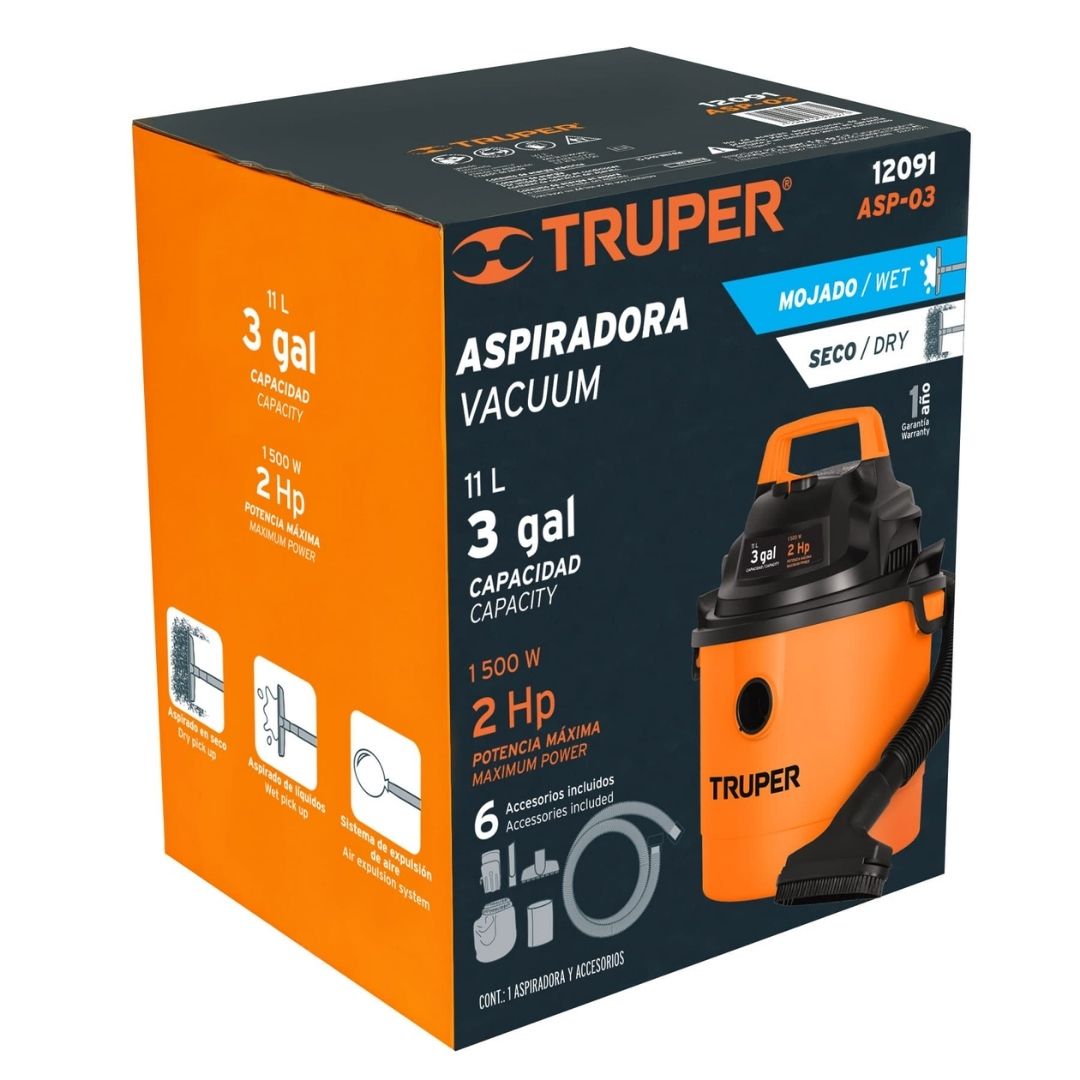12091 ASPIRADORA PLÁSTICA 3 GAL DE SÓLIDOS Y LÍQUIDOS, TRUPER