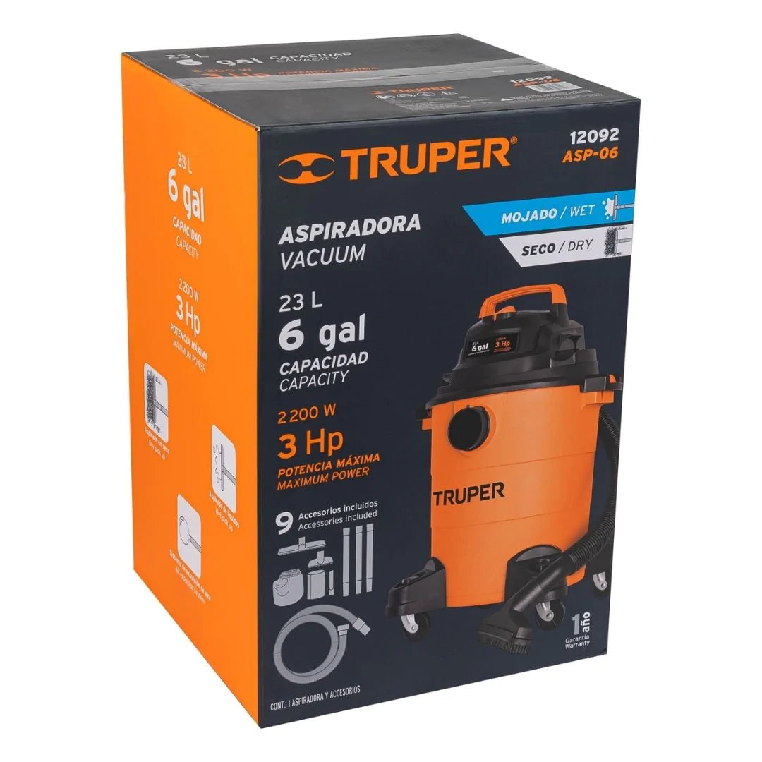 12092 ASPIRADORA PLÁSTICA 6 GAL DE SÓLIDOS Y LÍQUIDOS TRUPER