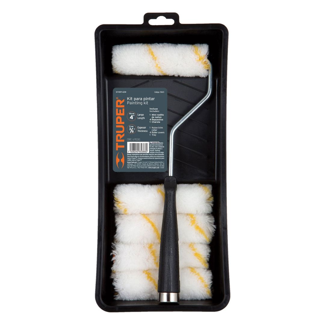 15023 KIT DE RODILLO PARA PINTAR TRUPER 4" MANERAL, BANDEJA Y FELPA