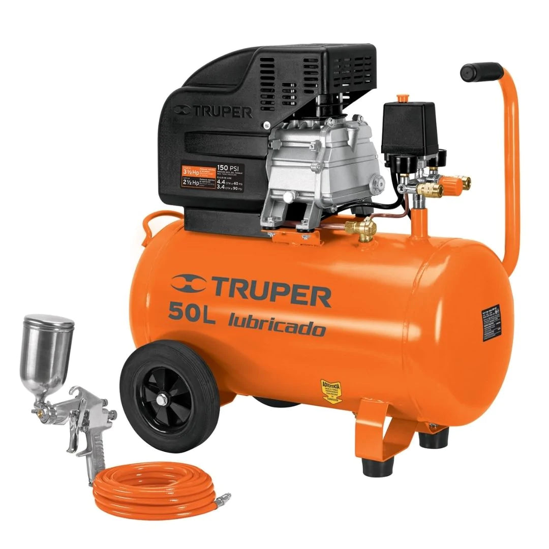 16095 KIT COMPRESOR TRUPER 50 L 3-1/2 HP MANGUERA DE PVC Y PISTOLA