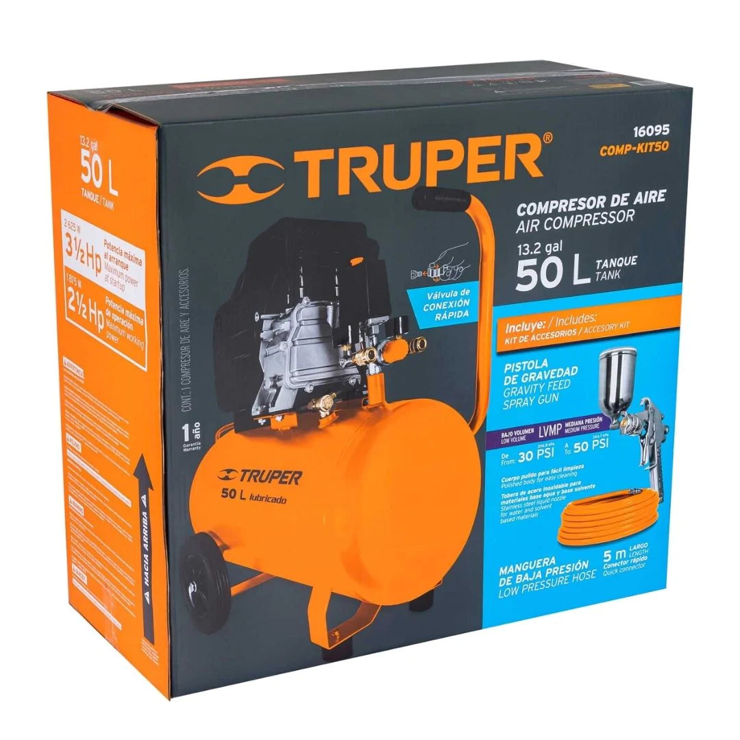 16095 KIT COMPRESOR TRUPER 50 L 3-1/2 HP MANGUERA DE PVC Y PISTOLA