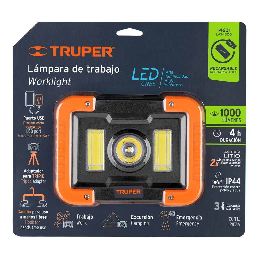 14631 LAMPARA DE TRABAJO RECARGABLE LED LATERALES Y CENTRAL TRUPER